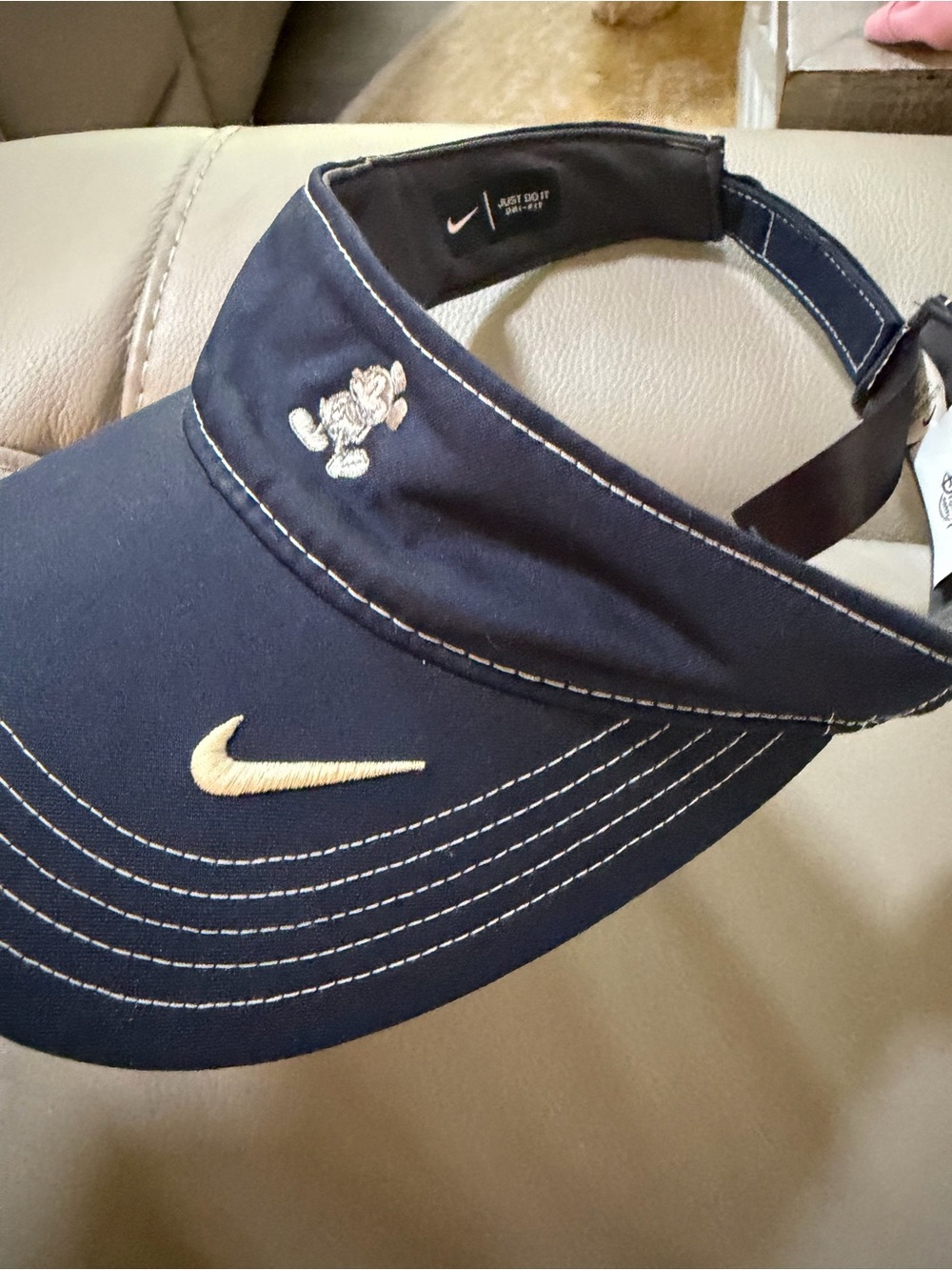 Nike Dri-Fit Navy Visor with white Mickey Mouse and Swoosh adjustable strap GUC